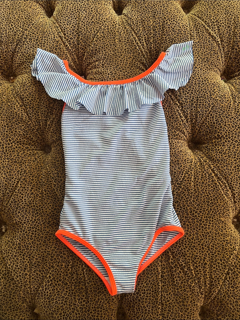 Mini Boden Girls One-Piece Swim - Navy & White Stripes with Orange Trim